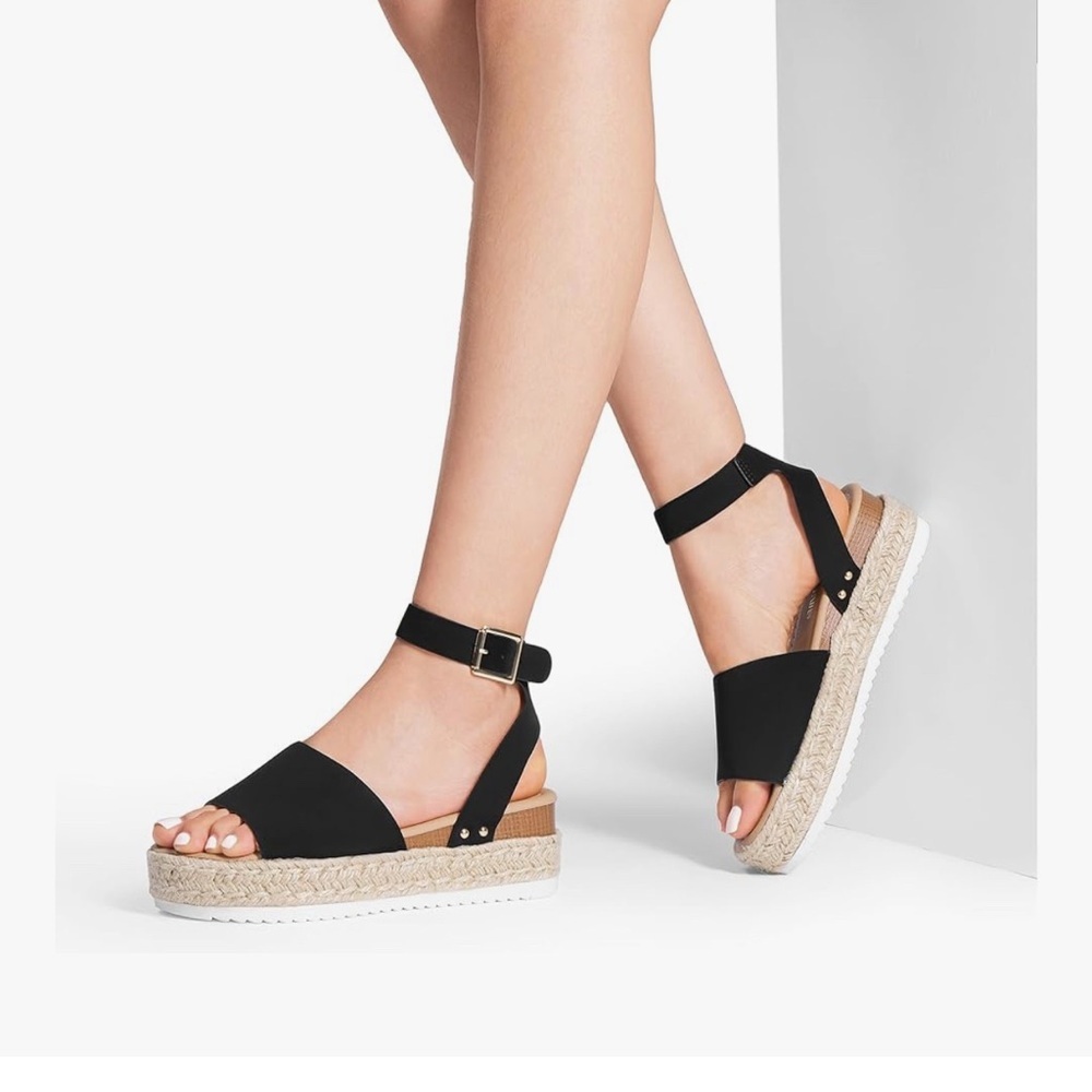 Dream Pairs Black Faux Suede Espadrille Platform Wedge Sandals Size 10 SDPW2359W